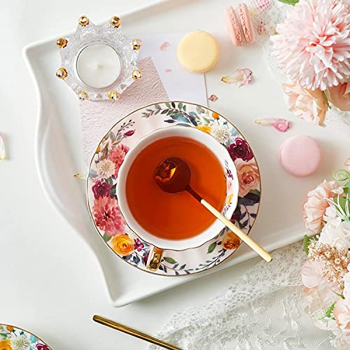 ONEUSTAR Tea Cup and Saucer Set for 1 Porcelain English Tea Cup with Spoon Floral Teacup 8 oz British Coffee Cup Cappuccino Espresso Latte Cup Mug for Party Birthday Wedding Gifts, Pink
