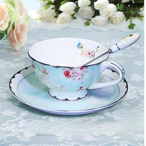 Fine Bone China Tea Cups and Saucers, Pastel Blue Floral Design Coffee Mug Tea Cups Set with Gift Box for Women Mom, 7 Ounces