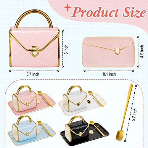 Sliner 4 Sets Coffee Mug Handbag Shaped Ceramic Tea Cup with Saucer Spoon 10 Oz/ 310 ml Purse Gift Mug for Office Home Coffee Tea Hot Chocolate Cappuccino(Classic)