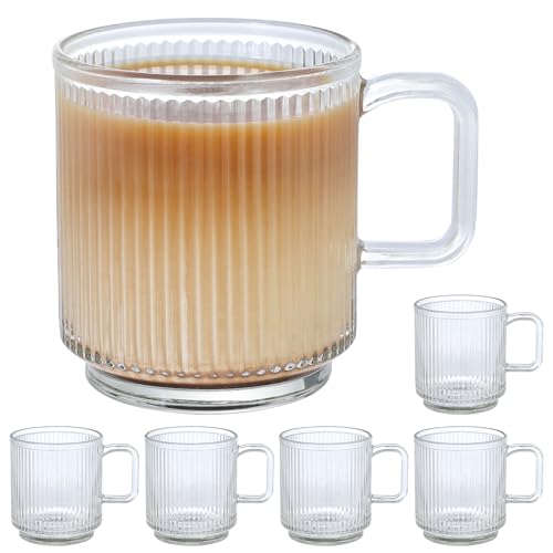 6PCS Premium Glass Coffee Mugs Classic Vertical Stripes Clear Tea Cups Latte Cup for Cappuccino Espresso, 12oz