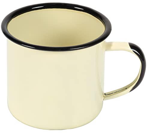 Red Co. Set of 6 Enamelware Metal Medium Classic 12 Oz Round Coffee and Tea Mug with Handle, Distressed Cream/Black Rim