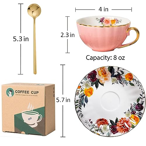 ONEUSTAR Tea Cup and Saucer Set for 1 Porcelain English Tea Cup with Spoon Floral Teacup 8 oz British Coffee Cup Cappuccino Espresso Latte Cup Mug for Party Birthday Wedding Gifts, Pink
