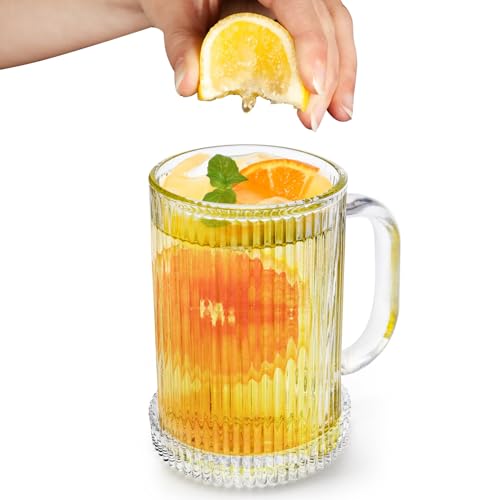 Noamus 2 Pack Coffee Mugs with Glass Lid, 13 oz Clear Classic Vertical Stripes Tea Cup, Premium Ribbed Drinking Glassware Set for Hot Cold Beverage, House Warming Christmas Anniversary Birthday Gift