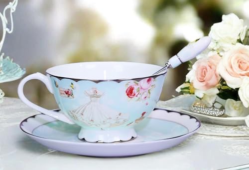 Fine Bone China Tea Cups and Saucers, Pastel Blue Floral Design Coffee Mug Tea Cups Set with Gift Box for Women Mom, 7 Ounces