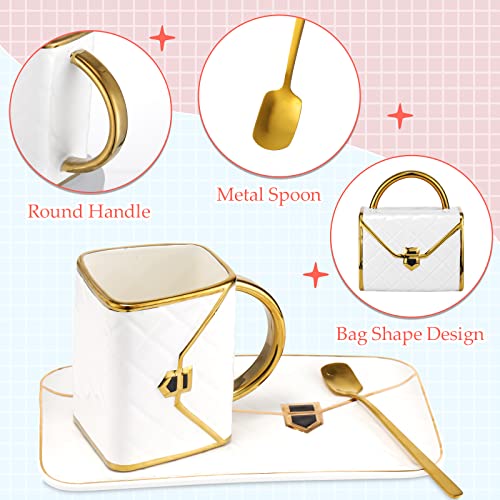 Sliner 4 Sets Coffee Mug Handbag Shaped Ceramic Tea Cup with Saucer Spoon 10 Oz/ 310 ml Purse Gift Mug for Office Home Coffee Tea Hot Chocolate Cappuccino(Classic)