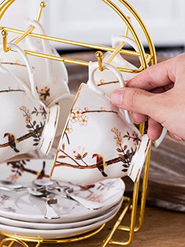 Jusalpha Porcelain Tea Set- 7 Oz- Bird Tree Classic Tea Cup/Coffee cup spoon and saucer set (4 Teacup set with holder)