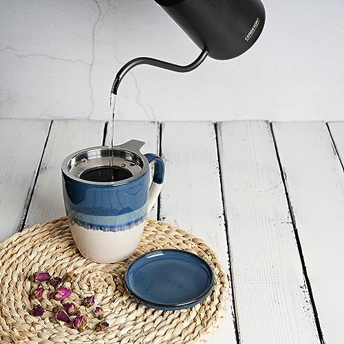 Bosmarlin Ceramic Tea Cup with Infuser and Lid, 16 Oz, 5 Colors to Choose, Dishwasher and Microwave Safe, Reactive Glaze, Steeping Tea Mug with Strainer (Deep Blue)