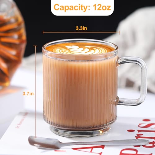 6PCS Premium Glass Coffee Mugs Classic Vertical Stripes Clear Tea Cups Latte Cup for Cappuccino Espresso, 12oz