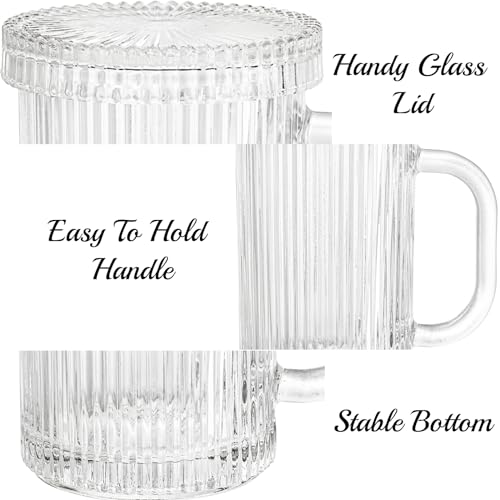 Noamus 2 Pack Coffee Mugs with Glass Lid, 13 oz Clear Classic Vertical Stripes Tea Cup, Premium Ribbed Drinking Glassware Set for Hot Cold Beverage, House Warming Christmas Anniversary Birthday Gift