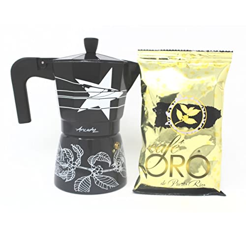 Puerto Rican Artists Edition Espresso Maker Aluminum StoveTop 6 Cup Coffee Maker with 4oz Cafe Oro Ground Coffee Sample (Puerto Rican Star/Coffee Plant)