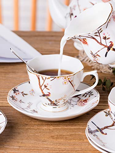 Jusalpha Porcelain Tea Set- 7 Oz- Bird Tree Classic Tea Cup/Coffee cup spoon and saucer set (4 Teacup set with holder)