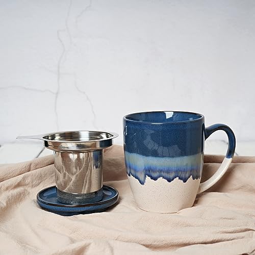 Bosmarlin Ceramic Tea Cup with Infuser and Lid, 16 Oz, 5 Colors to Choose, Dishwasher and Microwave Safe, Reactive Glaze, Steeping Tea Mug with Strainer (Deep Blue)