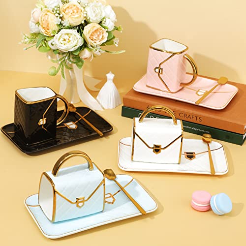 Sliner 4 Sets Coffee Mug Handbag Shaped Ceramic Tea Cup with Saucer Spoon 10 Oz/ 310 ml Purse Gift Mug for Office Home Coffee Tea Hot Chocolate Cappuccino(Classic)