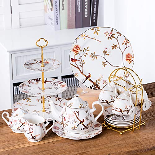 Jusalpha Porcelain Tea Set- 7 Oz- Bird Tree Classic Tea Cup/Coffee cup spoon and saucer set (4 Teacup set with holder)