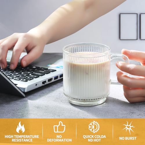 6PCS Premium Glass Coffee Mugs Classic Vertical Stripes Clear Tea Cups Latte Cup for Cappuccino Espresso, 12oz