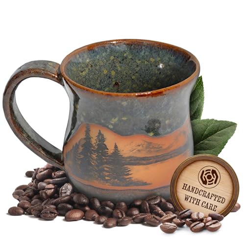 ALWAYS AZUL POTTERY Mountain Scene Mug in Seamist Glaze - Handmade Ceramic Coffee Mug - Stylish and Unique Handcrafted Artistic Drinkware - Polished Clay Cups, Great for Coffee, Tea, and Art Lovers