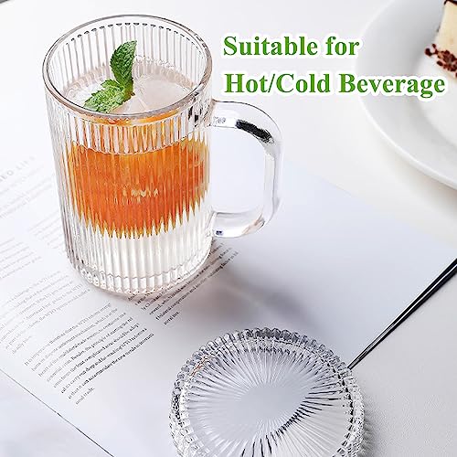 Qipecedm Clear Glass Coffee Mug with Lid, 13 oz Classic Vertical Stripes Coffee Cups, Premium Glass Tea Mug for Hot/Cold Beverages, Ribbed Drinking Glassware Set for Latte, Cappuccino, Tea and Juice