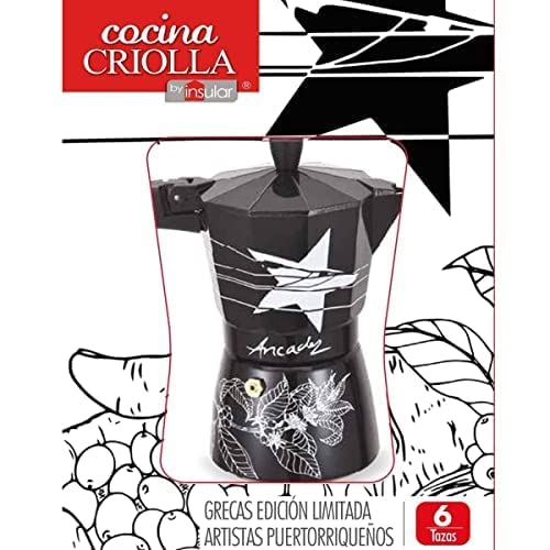 Puerto Rican Artists Edition Espresso Maker Aluminum StoveTop 6 Cup Coffee Maker with 4oz Cafe Oro Ground Coffee Sample (Puerto Rican Star/Coffee Plant)