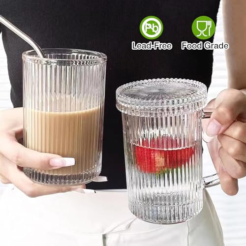 Qipecedm Clear Glass Coffee Mug with Lid, 13 oz Classic Vertical Stripes Coffee Cups, Premium Glass Tea Mug for Hot/Cold Beverages, Ribbed Drinking Glassware Set for Latte, Cappuccino, Tea and Juice