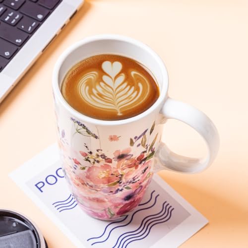Topadorn Ceramic Mugs Porcelain Latte Tea Cup Coffee Mug with Gift Box,17oz.Pink Garden