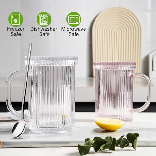 Qipecedm Clear Glass Coffee Mug with Lid, 13 oz Classic Vertical Stripes Coffee Cups, Premium Glass Tea Mug for Hot/Cold Beverages, Ribbed Drinking Glassware Set for Latte, Cappuccino, Tea and Juice