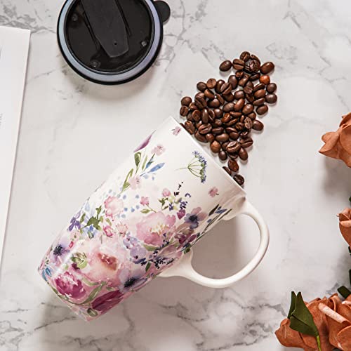 Topadorn Ceramic Mugs Porcelain Latte Tea Cup Coffee Mug with Gift Box,17oz.Pink Garden