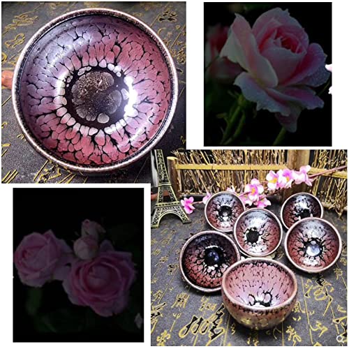 Maya Star Traditional Handmade Vintage Tenmoku Teaware Artistic Handle Glazes JianZhan Tea Cup Ceramic Cup Gift 120 ml(Roselle)