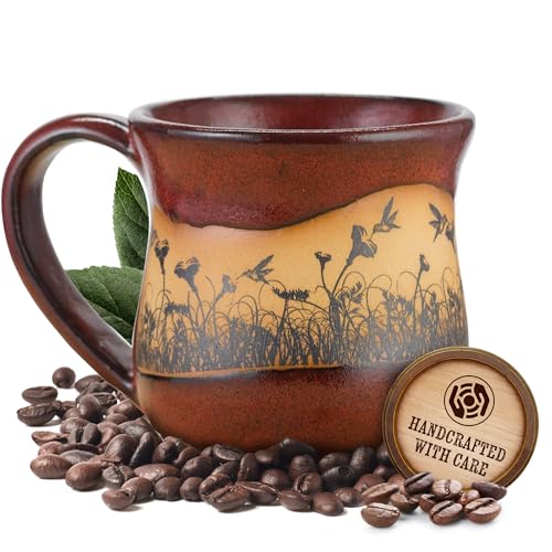 ALWAYS AZUL POTTERY Hummingbirdscape 14 Oz. Mug in Real Red Glaze - Handmade Ceramic Coffee Mug - Stylish and Unique Handcrafted Artistic Drinkware - Polished Clay Cups, Great for Coffee, Tea, & More