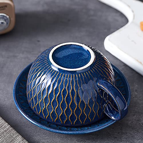 Coffeezone Vintage Design 12 oz Ceramic Latte Art Cappuccino Barista Cup with Saucer (Embossed Blue)