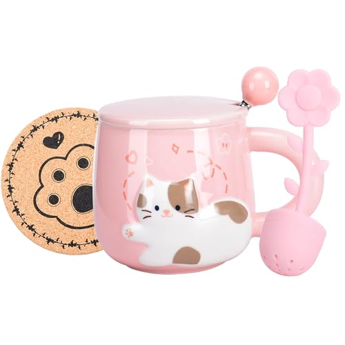 Cute Ceramic Tea Cup With Flower Infuser, Kawaii Cat coffee mug with Lid, Spoon and Coaster, Unique tea mug Set cute things Gifts for Girls Women Cat Mom 13OZ (Pink)
