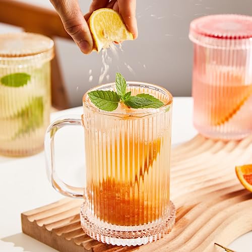 Qipecedm Clear Glass Coffee Mug with Lid, 13 oz Classic Vertical Stripes Coffee Cups, Premium Glass Tea Mug for Hot/Cold Beverages, Ribbed Drinking Glassware Set for Latte, Cappuccino, Tea and Juice