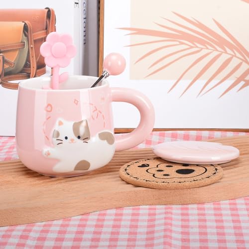 Cute Ceramic Tea Cup With Flower Infuser, Kawaii Cat coffee mug with Lid, Spoon and Coaster, Unique tea mug Set cute things Gifts for Girls Women Cat Mom 13OZ (Pink)