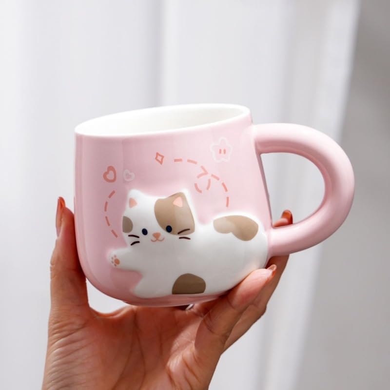 Cute Ceramic Tea Cup With Flower Infuser, Kawaii Cat coffee mug with Lid, Spoon and Coaster, Unique tea mug Set cute things Gifts for Girls Women Cat Mom 13OZ (Pink)