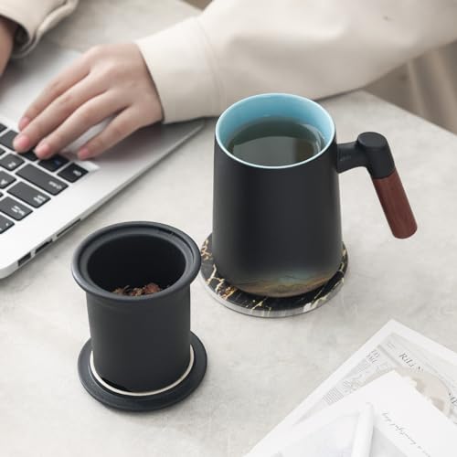 Ochcahser Tea Cup with Infuser and Lid, 15.2 Ounces Artistic Mountain Embossed Ceramic Tea Mug with Absorbent Coaster for Loose Leaf Tea, Ergonomic Bamboo Handle Tea Steeping Mug for Tea Lovers
