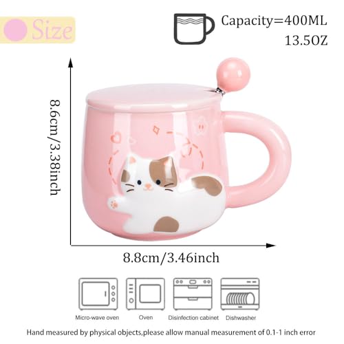 Cute Ceramic Tea Cup With Flower Infuser, Kawaii Cat coffee mug with Lid, Spoon and Coaster, Unique tea mug Set cute things Gifts for Girls Women Cat Mom 13OZ (Pink)