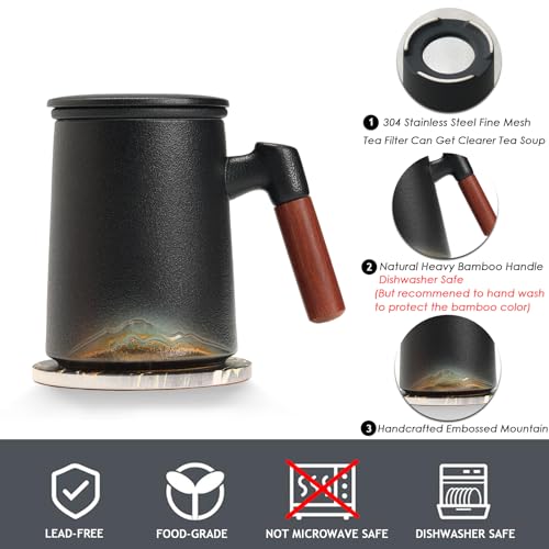 Ochcahser Tea Cup with Infuser and Lid, 15.2 Ounces Artistic Mountain Embossed Ceramic Tea Mug with Absorbent Coaster for Loose Leaf Tea, Ergonomic Bamboo Handle Tea Steeping Mug for Tea Lovers