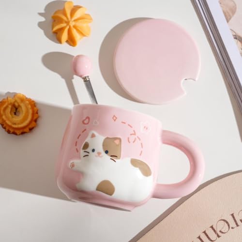 Cute Ceramic Tea Cup With Flower Infuser, Kawaii Cat coffee mug with Lid, Spoon and Coaster, Unique tea mug Set cute things Gifts for Girls Women Cat Mom 13OZ (Pink)