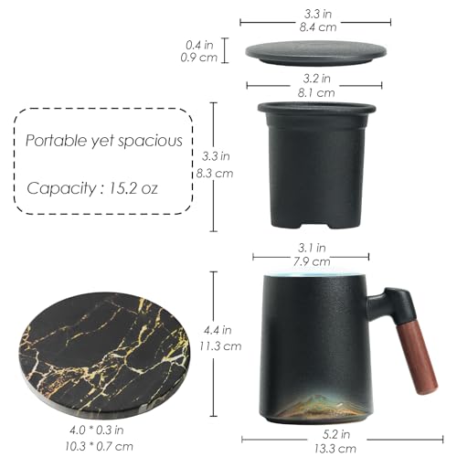Ochcahser Tea Cup with Infuser and Lid, 15.2 Ounces Artistic Mountain Embossed Ceramic Tea Mug with Absorbent Coaster for Loose Leaf Tea, Ergonomic Bamboo Handle Tea Steeping Mug for Tea Lovers