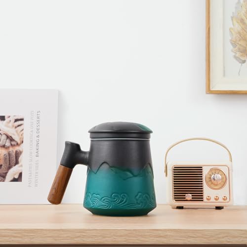 ZENS Tea Cup with Infuser and Lid for Loose Leaf Tea Steeper, 15.2 oz Embossed Ceramic Tea Mug with Fine Tea Strainers, Wood Handle Large Tea Diffusers Mugs, Tea Accessories for Tea Lovers Gifts