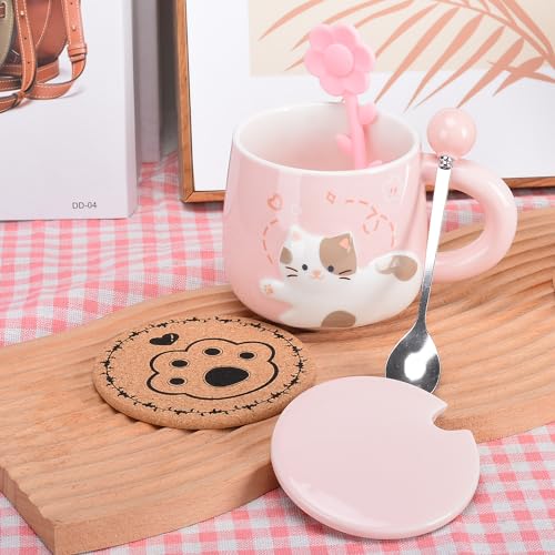 Cute Ceramic Tea Cup With Flower Infuser, Kawaii Cat coffee mug with Lid, Spoon and Coaster, Unique tea mug Set cute things Gifts for Girls Women Cat Mom 13OZ (Pink)