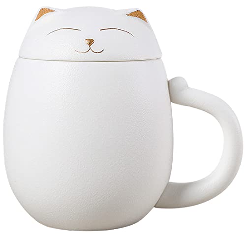 Liywall - Ceramic Tea Mug with Infuser and Lid, Cat Design Handmade Porcelain Tea Cup Strainer With Portable Shockproof Storage Case for Travel Office Home,Wife Girlfriend Gift - White
