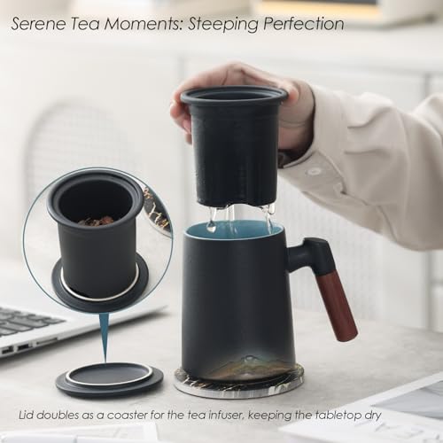 Ochcahser Tea Cup with Infuser and Lid, 15.2 Ounces Artistic Mountain Embossed Ceramic Tea Mug with Absorbent Coaster for Loose Leaf Tea, Ergonomic Bamboo Handle Tea Steeping Mug for Tea Lovers