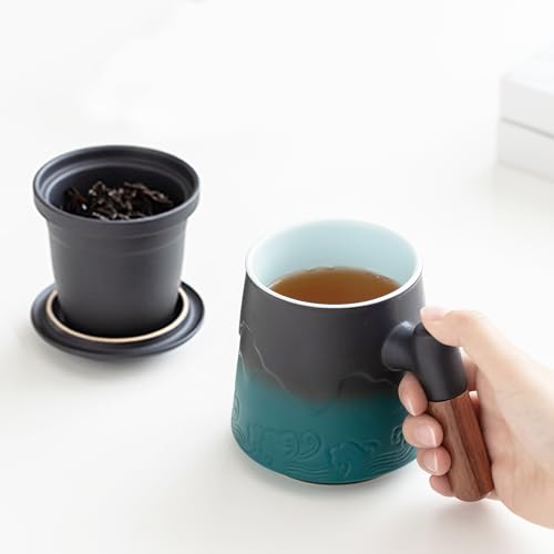 ZENS Tea Cup with Infuser and Lid for Loose Leaf Tea Steeper, 15.2 oz Embossed Ceramic Tea Mug with Fine Tea Strainers, Wood Handle Large Tea Diffusers Mugs, Tea Accessories for Tea Lovers Gifts