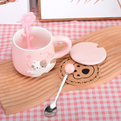 Cute Ceramic Tea Cup With Flower Infuser, Kawaii Cat coffee mug with Lid, Spoon and Coaster, Unique tea mug Set cute things Gifts for Girls Women Cat Mom 13OZ (Pink)