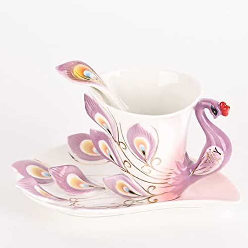 oliruim Unique Purple Peacock Ceramic Tea Cup Handmade Coffee Mug Set Tea Cup and Saucer with Spoon 1 Set Exquisite Porcelain Set Gift (Peacock Violet)
