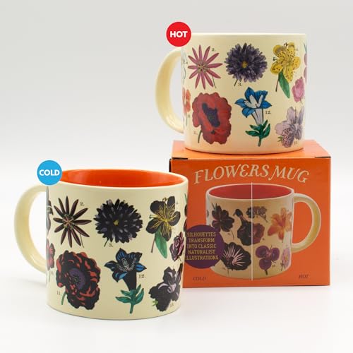 The Unemployed Philosophers Guild Color Changing Heat Transforming Flowers Mug - Add Coffee to Reveal 18 Floral Species, Comes in a Fun Box, 14 oz