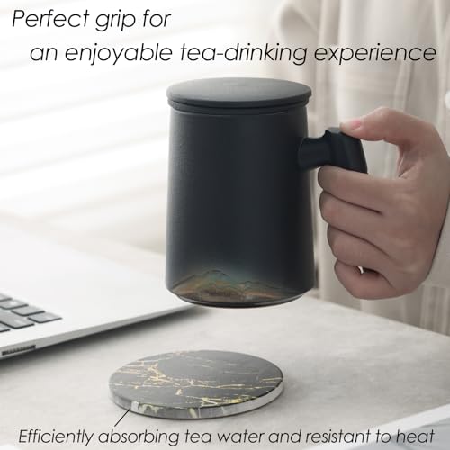 Ochcahser Tea Cup with Infuser and Lid, 15.2 Ounces Artistic Mountain Embossed Ceramic Tea Mug with Absorbent Coaster for Loose Leaf Tea, Ergonomic Bamboo Handle Tea Steeping Mug for Tea Lovers