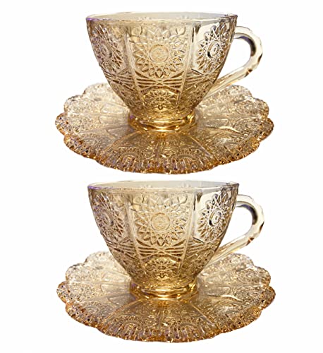 Mazeology Vintage Embossed Sunflower Flower Design Set of Two Amber Pressed Glass Cups and Saucers Set Made of Retro Relief Lead-free Glass Perfect for Serving Coffee or Afternoon Tea