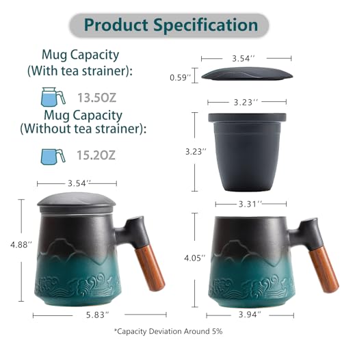 ZENS Tea Cup with Infuser and Lid for Loose Leaf Tea Steeper, 15.2 oz Embossed Ceramic Tea Mug with Fine Tea Strainers, Wood Handle Large Tea Diffusers Mugs, Tea Accessories for Tea Lovers Gifts