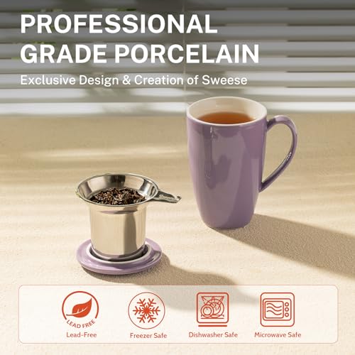 Sweese 15 OZ Porcelain Tea Mug with Infuser and Lid, Loose Leaf Tea Cup, Gifts for Tea Lover, Purple